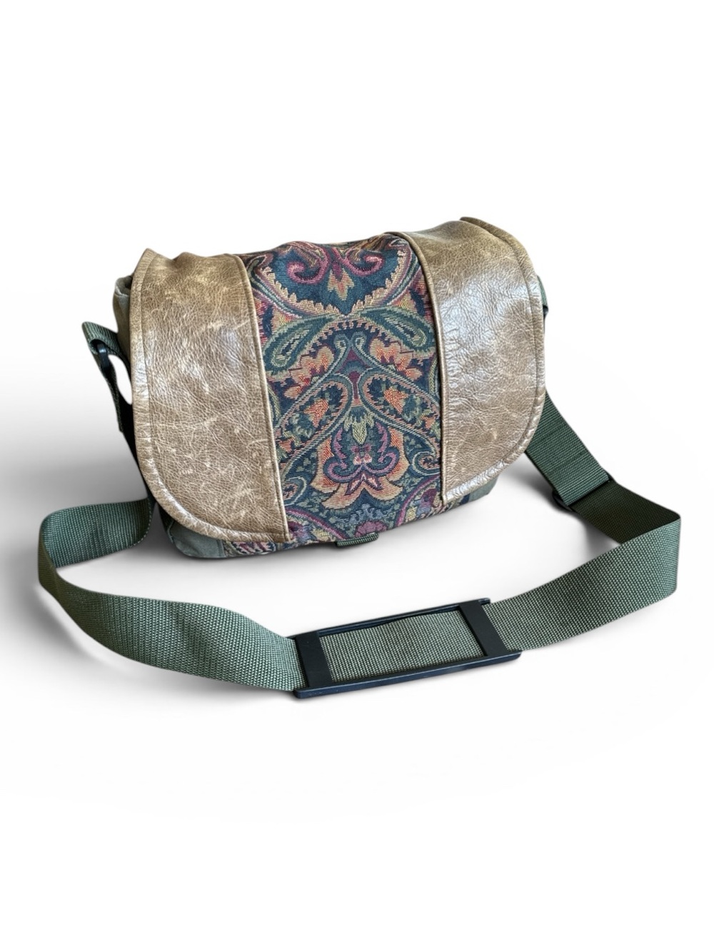 Porteen Gear Camera Bag Olive Leather Tapestry Adjustable Strap Crossbody